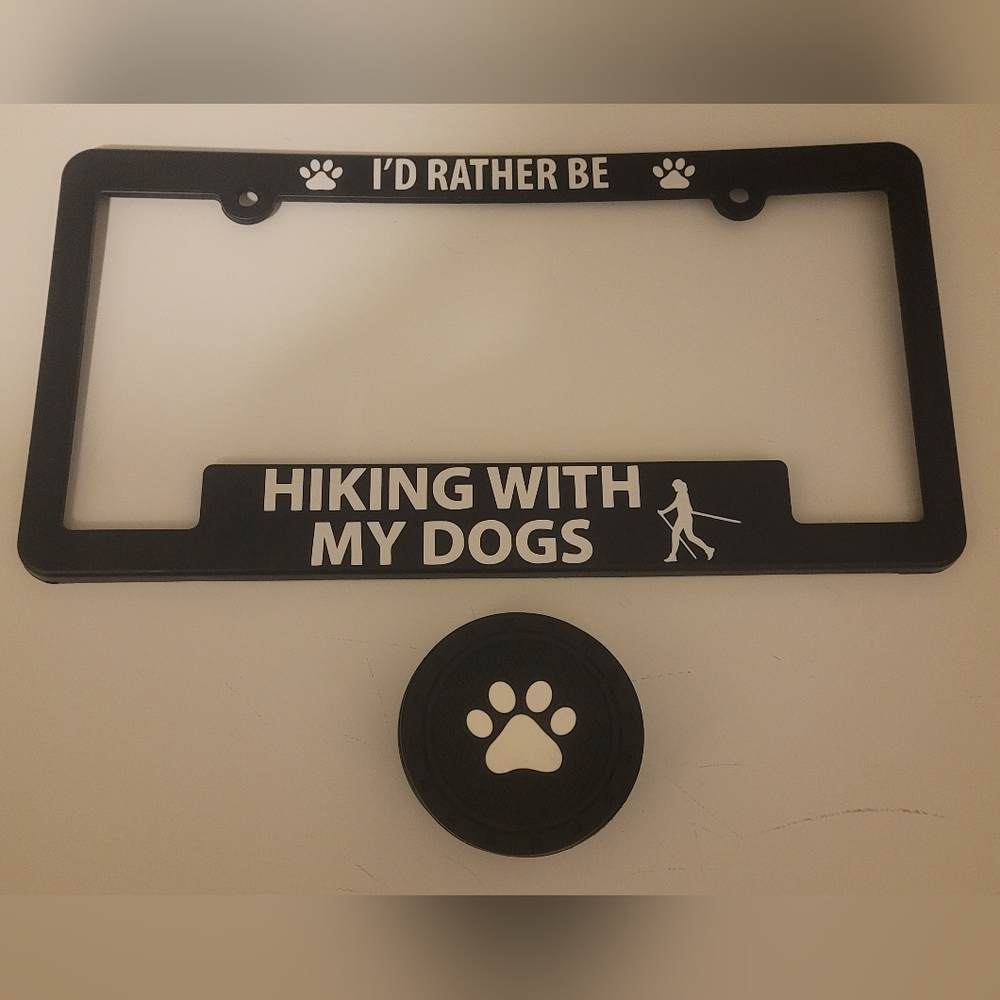 Hiking With Dogs Vehicle License Plate Frame And Pawprint Cup Holder Coasters